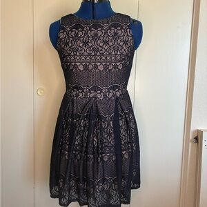 B Darlin Navy Lace Fit-and-Flare Dress with Blush Underlay